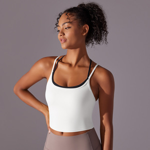 Sujetador deportivo largo transpirable para mujer al por mayor con doble tirante cruzado, top corto de yoga con almohadillas extraíbles, de Spandex/Nylon para gimnasio - Product Image 4