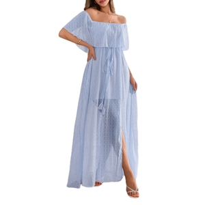Robes maxi élégantes pour femmes, à épaules dénudées, avec cordon de serrage à la taille, manches courtes, tendance - Product Image 3