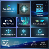 Stock pour projecteur de jeu ODM/OEM 300 lumens ANSI, mise au point automatique, Smart Android 1080P FHD 4K WiFi Google TV LED 2 Go de RAM