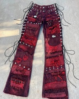 Jeans en denim délavé sur mesure de haute qualité pour hommes, pantalon baggy évasé 3D avec design en strass et patchwork déchiré