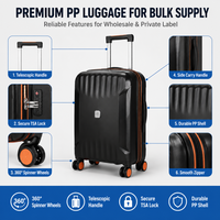 Valise à coque rigide en PP noire à marque privée, certifiée ISO 9001, avec serrure à combinaison, ensemble de voyage, coque côtelée, 18, 20, 24 pouces