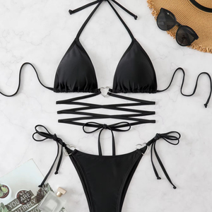 Ensemble de bikini noir uni à découpes pour femmes, maillot de bain triangle à bretelles croisées - Product Image 1