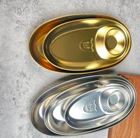 Plateau coréen ovale doré en acier inoxydable poli 304 avec coupelle à sauce, assiette à dumplings, plats à collation pour camping et frites