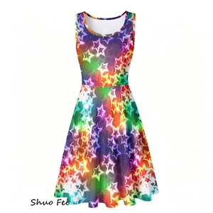 Robe Skater sans manches pour femmes, imprimé étoiles lumineuses arc-en-ciel, robe d'été en forme de A, robe de rave psychédélique vibrante - Product Image 2