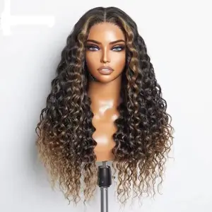 2024 NEW Arrival Water Wave Human Hair Lace Frontal Wig with Baby Hair, Brown Ombre Highlights Wavy 5x5 HD Lace Closure Wigs