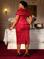 Robe de Carrière Vintage Rouge pour Femme, Col Rond, Manches Courtes, Jacquard Évidé, Coupe Fourreau, Modèle AM050118