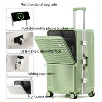 Valise cabine à ouverture frontale en ABS et PC avec cadre en aluminium, roues multidirectionnelles, support téléphone USB Type-C et porte-gobelet pour le voyage