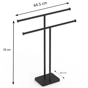 Bathroom Floor Standing Dual Bars Metal Wooden Towel Rack Stand