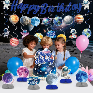 Kit Complet de Décoration Thème Astronaute Spatial : Bannière de Fête, Guirlande Spirale Étoile et Planète, et Nid d'Abeille Astronaute Terrestre pour Anniversaire - Product Image 3
