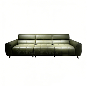 Sofá Seccional Reclinable de Cuero Genuino Moderno y de Tendencia, Color Verde Oliva, Ecológico, Muebles para Sala de Estar de Villa - Product Image 1