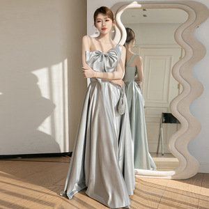 Grey Bridesmaid Dress Satin A-Line Sweetheart Neckline Natural Waist Wedding Evening Gown - Product Image 4