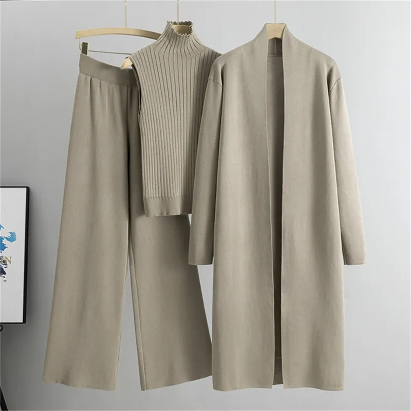 2024 Spring Autumn New Elegant Simple Knitted Set Sleeveless Tank Top+Long Sweater Cardigan+Pants Three piece Sets