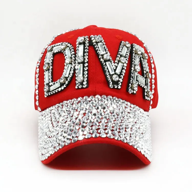 Custom Logo Diamant Pet Vrouwen Rode Sport Diamant Strass Bling Baseballpet