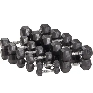 Lapisan Karet Besi Cor Hitam Karet Terbungkus Disesuaikan Gym Rumah Kebugaran Heksagon Hex Dumbbell Set dengan Pegangan Logam