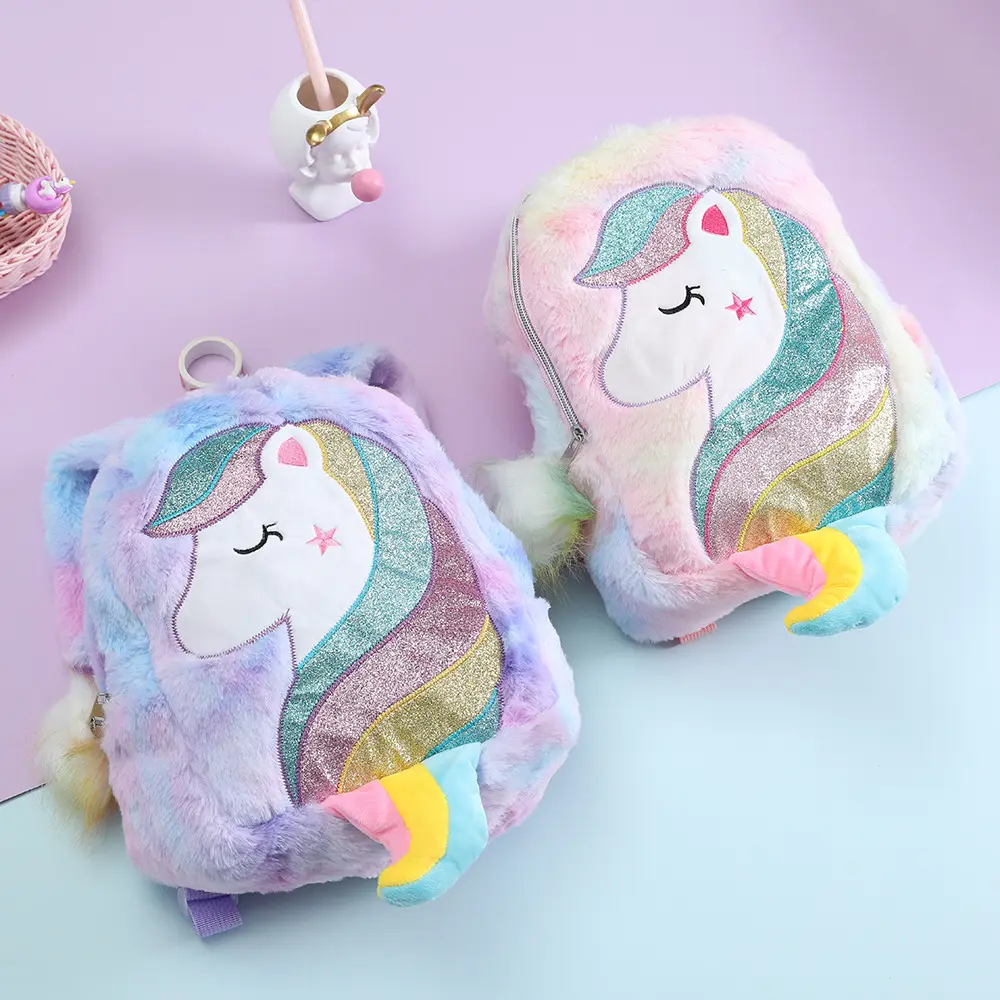 Creative Cute Little Princess Polyester Children's Plush School Bag Cartoon Rainbow Unicorn Backpack For Girl