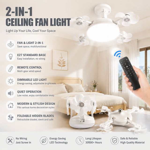 Modern E27 LED ABS Ceiling Fan Light Remote Control Dimmable 2-in-1 Quiet Retractable Blades Cooling Bedroom
