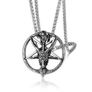 Pentagram Symbol Pendant Necklace Baphomet Goat Head Design Vintage Stainless Steel Pagan Wiccan Occult Viking Jewelry