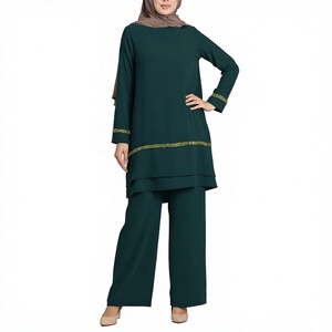 Custom Islamic Ladies Casual Outfit Long Sleeve <b>Sequin</b> Tunic Tops Wide Leg <b>Pants</b> Set Loose Abaya Hijab Muslim Women's Clothing - Product Image 3