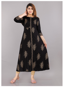 Compre Kurti Negro de Rayón con Estampado Dorado, Cuello Redondo, Manga Tres Cuartos, Estilo Étnico Informal para Mujer - Product Image 6