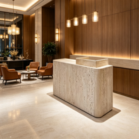 Bureau de réception ovale en marbre naturel de luxe en forme de L avec éclairage LED intégré, style européen moderne pour hôtels de charme