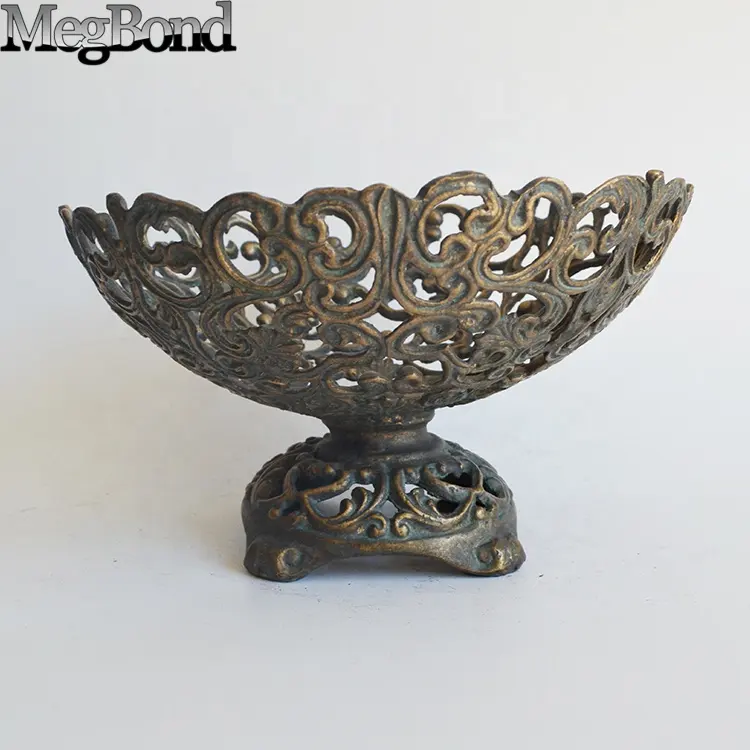 Cast iron metal serving bowl for table top in bronze, classic pattern metal centerpiece bowl