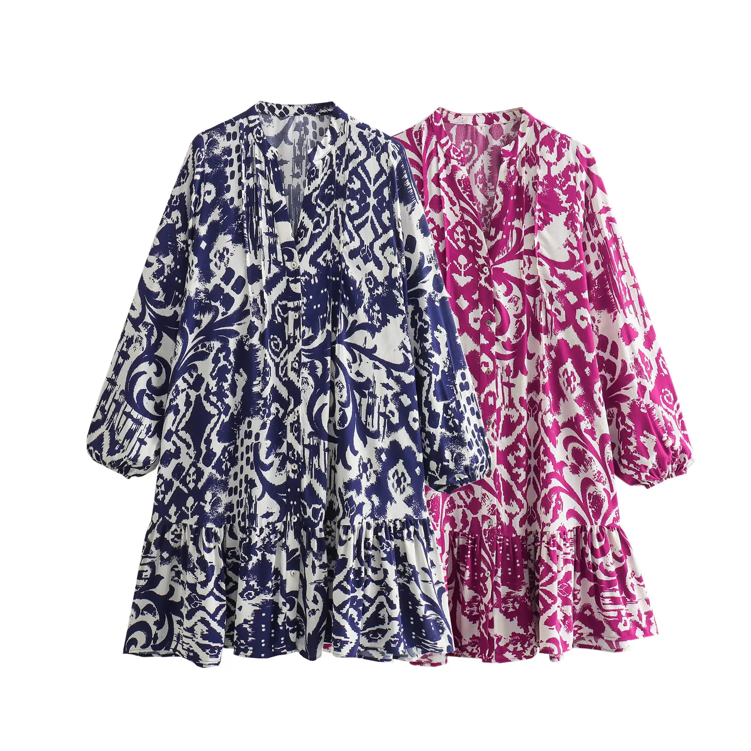 KAOPU ZA Mini robe à volants imprimée pour femmes, col en V vintage, manches longues, robes boutonnées pour femmes