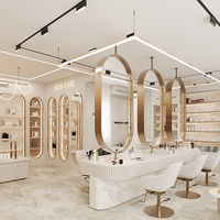 Design d'intérieur de salon de coiffure de luxe, mobilier de salon de beauté sur mesure, stations incurvées style crème, clé en main, LED, écologique