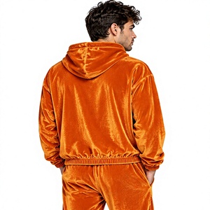 Orange Velvet Eco-Friendly Tracksuit <b>Two</b> <b>Piece</b> Hoodie Jogger <b>Set</b> Drawstring Front Solid Color Casual Winter <b>Lounge</b> Outfit - Product Image 4