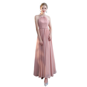 Bridesmaid Dress Pink Chiffon A-Line Halter Off-Shoulder Long Gown For Wedding Party - Product Image 5