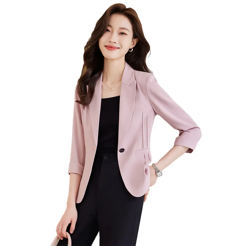 Blazer feminino casual de manga 3/4 cor-de-rosa Slim Fit leve e elegante