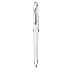 Penna Promozionale Sportiva Arancione con Logo, Punta da 1.0mm, Corpo in Metallo Bianco Lucido con Design a Sfera Appuntita - Product Image 1