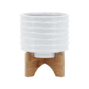 Pot en céramique avec support en bois, pot en grès moderne pour plantes d'intérieur et d'extérieur, pots à fleurs ronds, décoration intérieure - Product Image 1