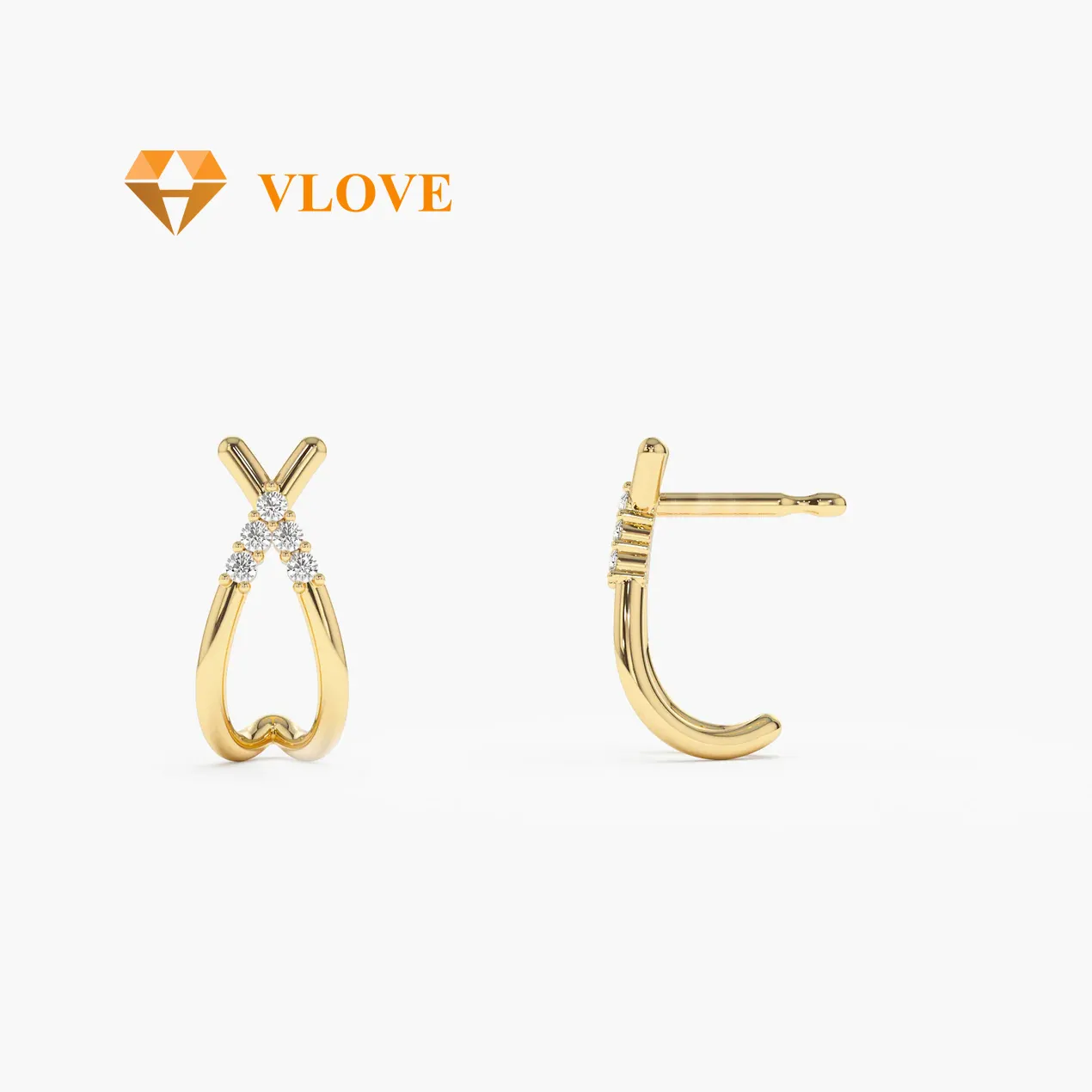 VLOVE Women Luxury Jewelry Solid Gold Jewelry 14k CrissCross Half Hoop Diamond Stud Earrings