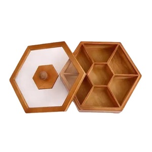 Caja de almacenamiento hexagonal de madera con tapa, 6 compartimentos para frutas secas, dulces, aperitivos, organizador de escritorio, decoración para sala de estar - Product Image 1