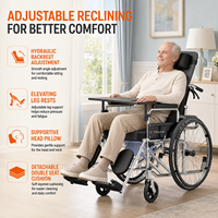 Fauteuil roulant manuel multifonction pliable et inclinable en acier au carbone avec plateau repas 24'' à roues solides et repose-jambes réglables, capacité 100 kg