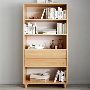 Étagère à livres moderne en bois avec 5 étagères et tiroirs pour le rangement de bureau à domicile, design scandinave, autoportante - Product Image 1