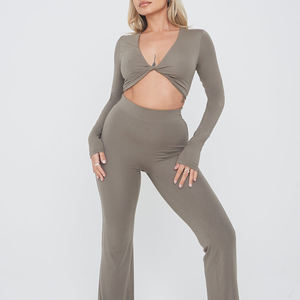 Gym Active vêtements femmes grandes tailles Sexy Vintage chocolat personnalisé manches longues chemises torsadées - Product Image 2