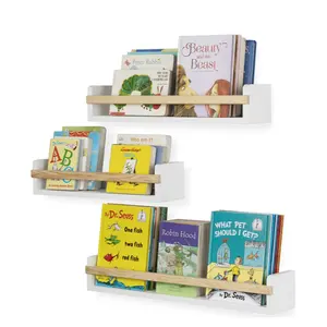 Wooden Wall Book Shelf Organizer Wood Floating Nursery Shelves Wall Mounted Hanging Shelves with Wood Rail For Book