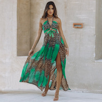 Robe longue à imprimé Floral léopard pour femmes, 2022, mode d'été, col rond, dos nu, décontractée, longue tenue de plage bohème, automne