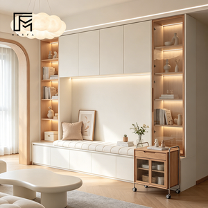 MARFA Bibliothèque murale minimaliste en <span class=keywords><strong>bois</strong></span> avec éclairage LED intégré et banc de lecture pour villa et appartement - Product Image 1