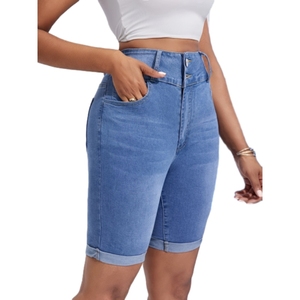 Pantalon midi en denim extensible à taille haute et double boutonnage, style cycliste pour femme, tendance - Product Image 2