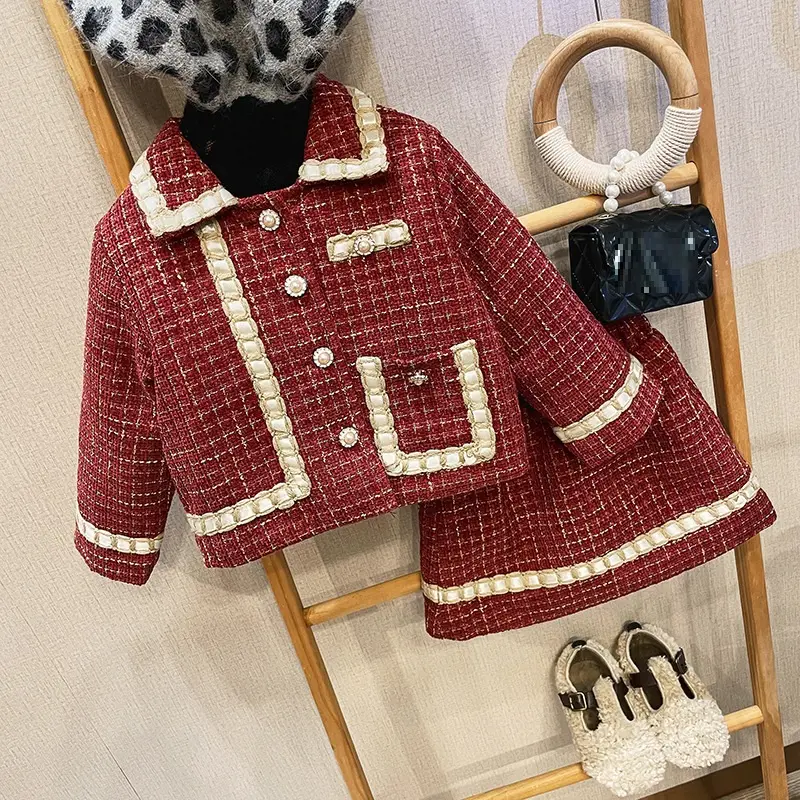 Ensemble de vêtements d'automne pour filles, 2 pièces, vestes à carreaux + jupe, tenue d'anniversaire élégante pour enfants, 36065