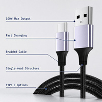 Kabel Pengisian Cepat 100W Hitam Berbahan Nilon Kepang dengan Konduktor Tembaga Murni TIPE C TIPE C Kabel Pengisian dan Data Satu Sisi untuk Ponsel