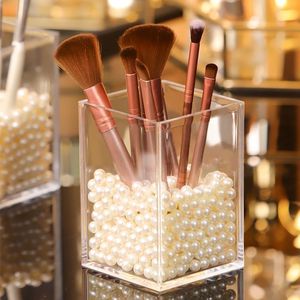 Acrylic <b>Makeup</b> Brush Holder With Pearls Desktop Cosmetic Storage Organizer Transparent Simple Style For <b>Dressing</b> <b>Table</b> - Product Image 1