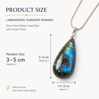 Collier pendentif goutte d'eau en labradorite naturelle avec attache grain de melon et chaîne serpent – Cadeau bijou