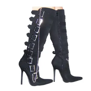 Hot selling big size womens and ladies boots High heel pointed toe knee girls boots 9 strap with metal chain sexy women boots