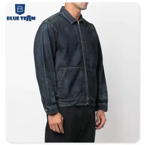 Blue Team | Custom mens denim bomber jacket vintage washed full zip up jean jacket turn down collar crop bomber jacket blouson