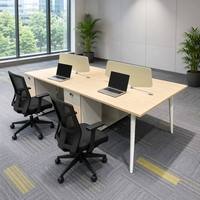 Poste de travail modulaire contemporain pour 4 personnes avec écran de confidentialité crème, coins arrondis, étagère ouverte et armoire à tiroirs sur piétement