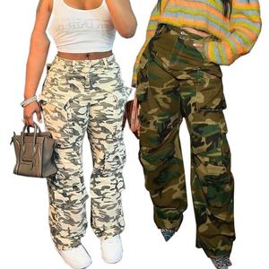 Jean cargo taille haute pour femme grande taille, respirant, camouflage, style décontracté, brodé, en denim - Product Image 3