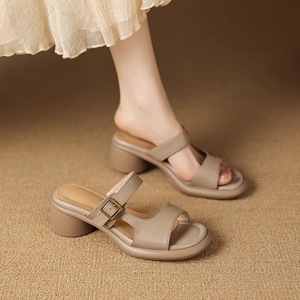 Elegant Beige Heeled Sandals Open Toe Chunky Low Heel Buckle Closure Summer Women's <b>Shoes</b> Microfiber Leather Rubber Outsole - Product Image 2